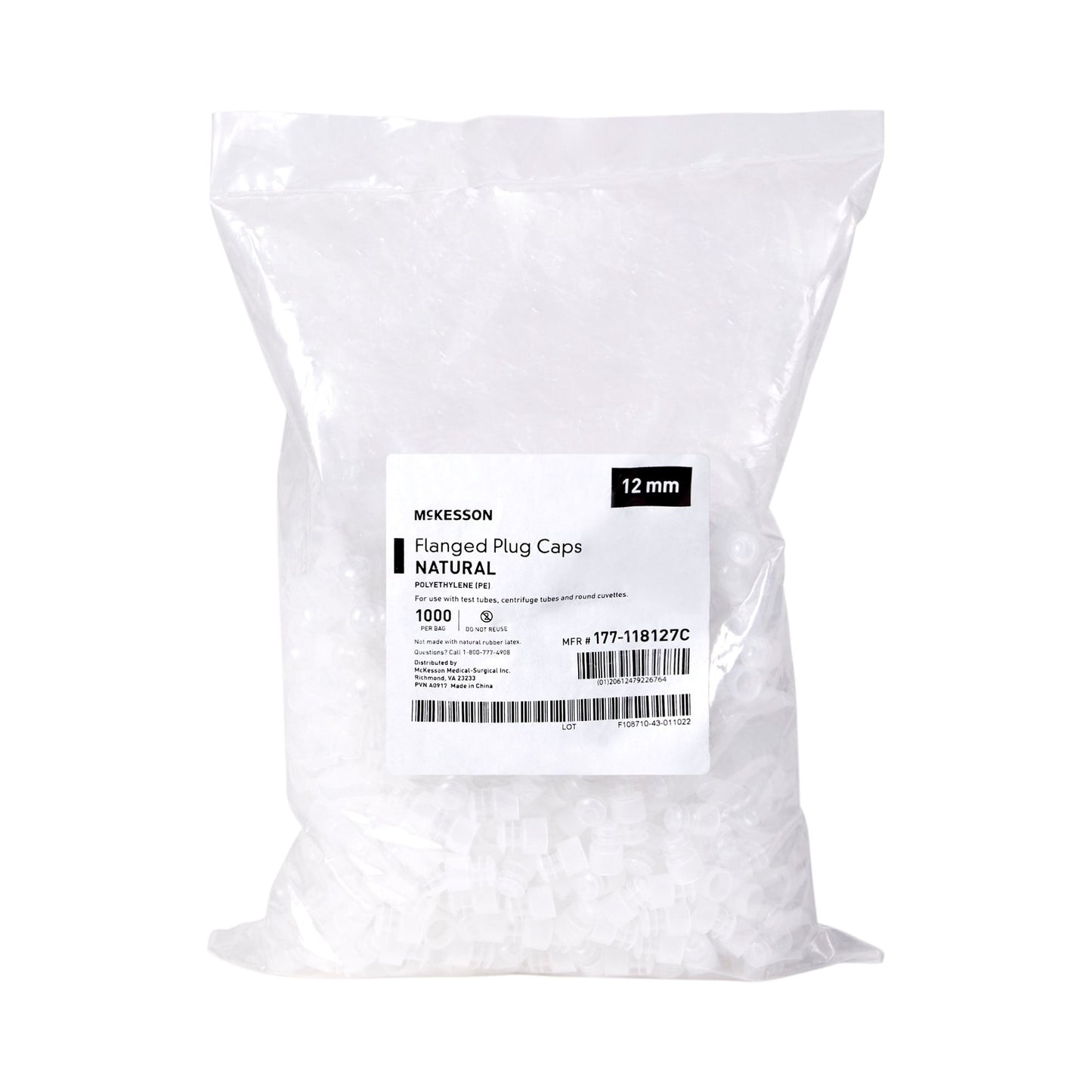 McKesson Tube Closure Polyethylene Flanged Plug Cap Natural 12 mm 12 mm Test Tubes, Centrifuge Tubes, Round Cuvettes NonSterile