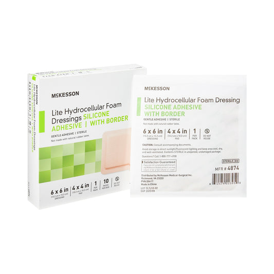Thin Foam Dressing McKesson Lite 6 X 6 Inch With Border Film Backing Silicone Gel Adhesive Square Sterile