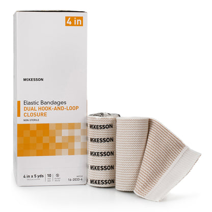 Elastic Bandage McKesson 4 Inch X 5 Yard Double Hook and Loop Closure Tan NonSterile Standard Compression