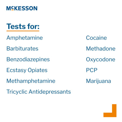 Drugs of Abuse Test Kit McKesson AMP, BAR, BZO, COC, mAMP/MET, MDMA, MOP300, MTD, OXY, PCP, TCA, THC (OX, pH, SG) 25 Tests CLIA Waived