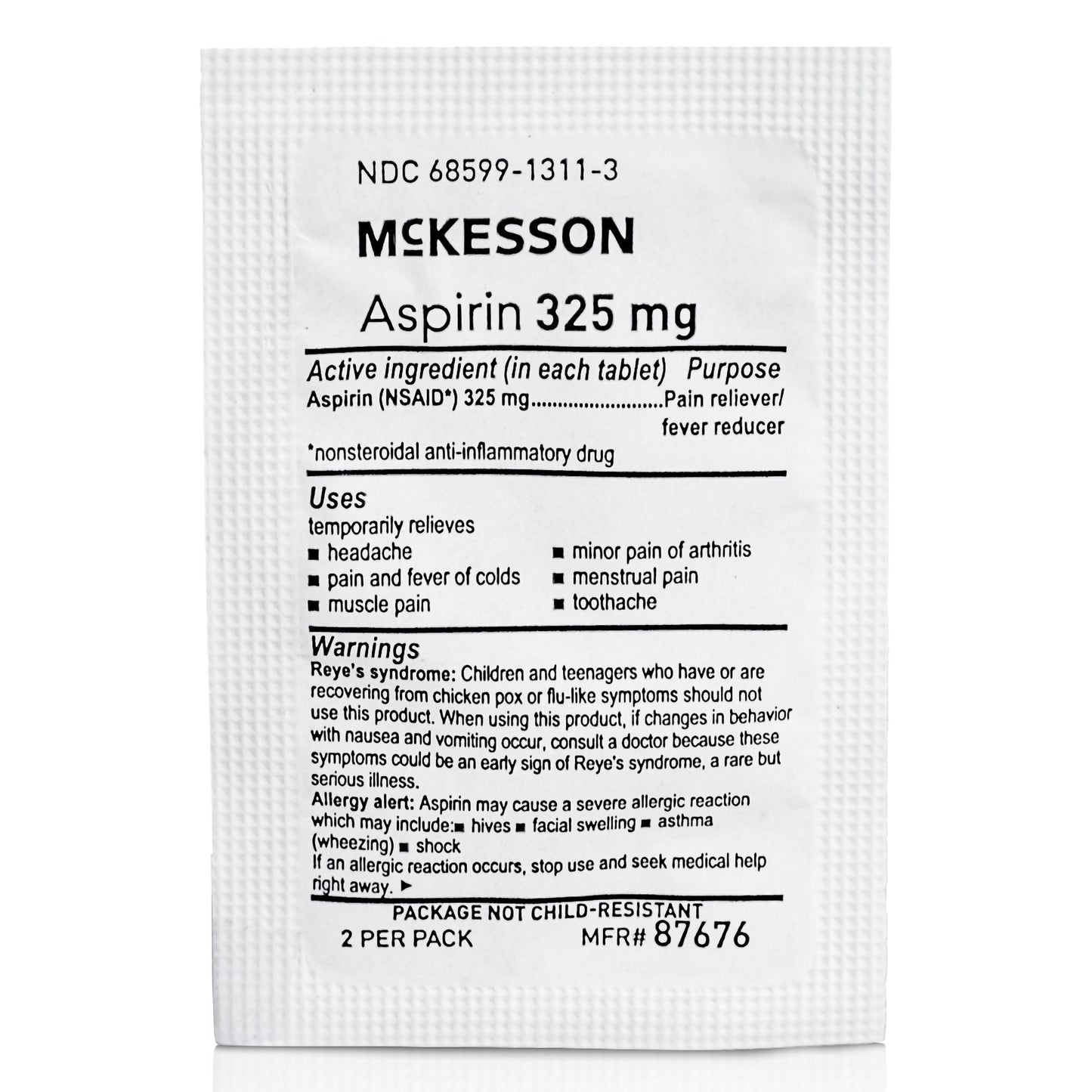 Pain Relief McKesson 325 mg Strength Aspirin Tablet 250 per Box