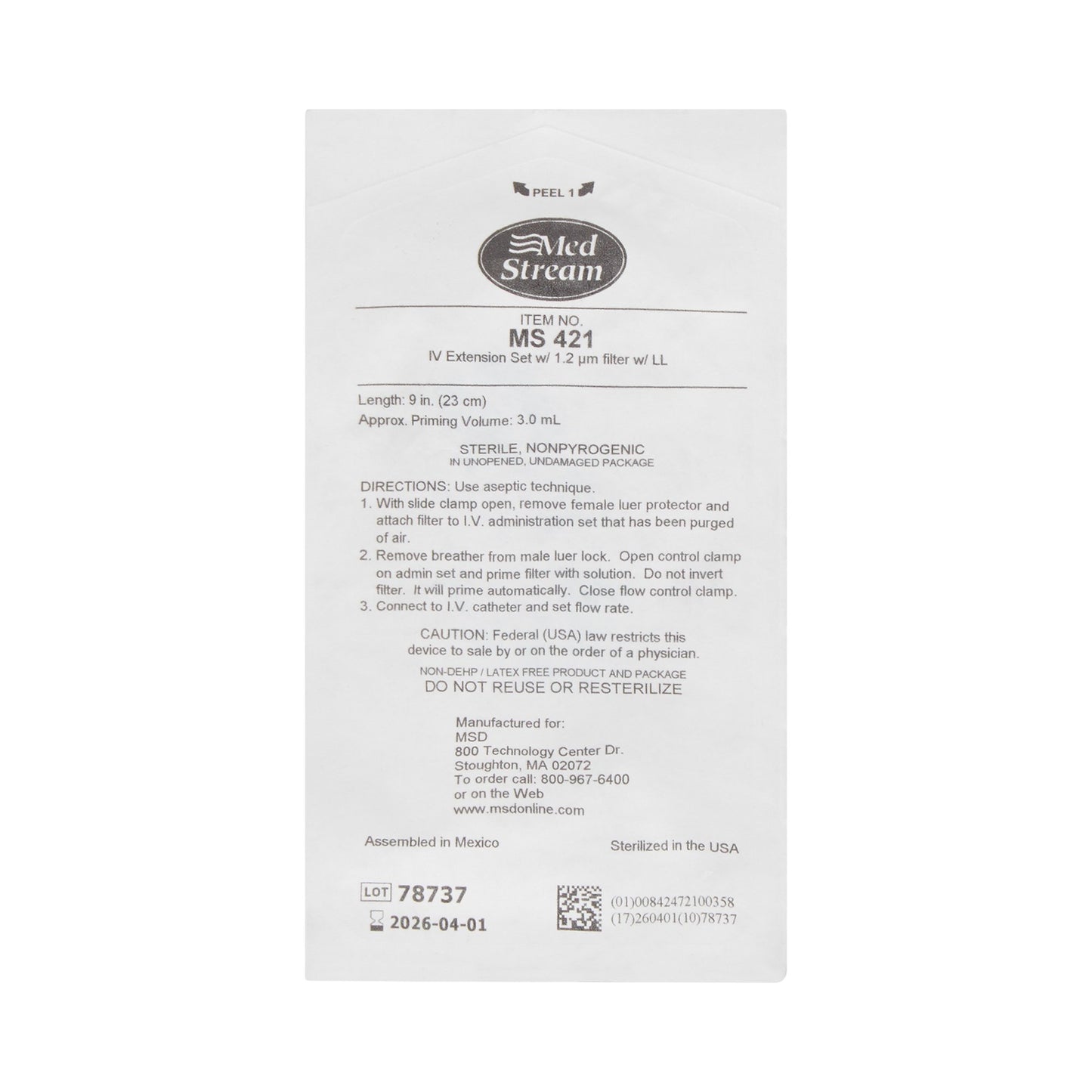 IV Extension Set McKesson Standard Bore 9 Inch Tubing 1.2 Micron Filter Sterile