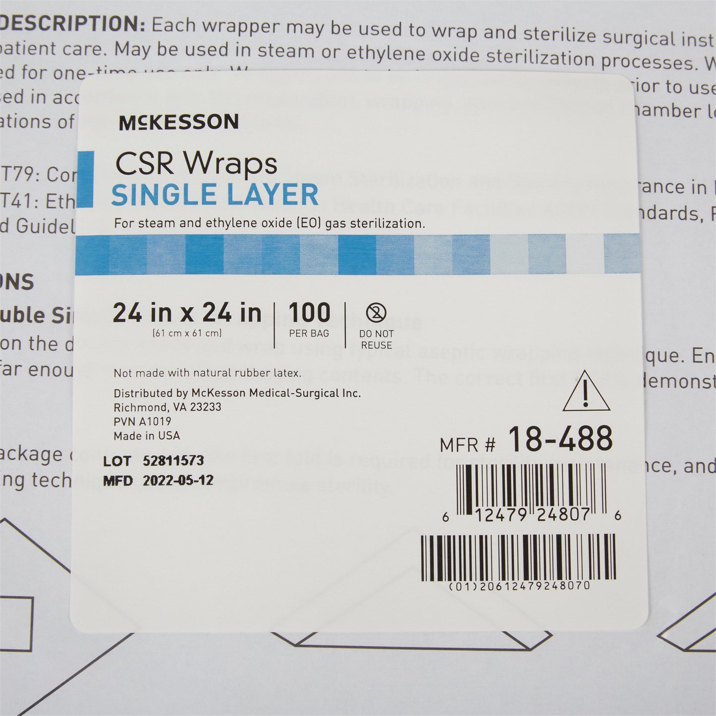 McKesson Sterilization Wrap Blue 24 X 24 Inch Single Layer Cellulose Steam / EO Gas