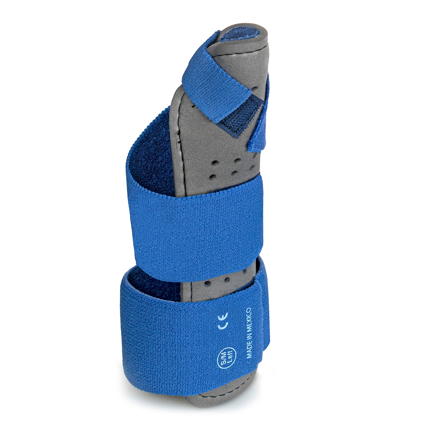 Wrist Splint with Thumb Spica McKesson Thumb Spica Nylon / Cotton-Terry / Foam / Elastic / Spandex Left Hand Blue / Gray Small / Medium