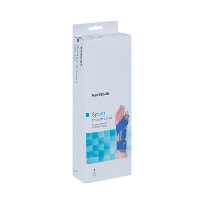 Wrist Splint with Thumb Spica McKesson Thumb Spica Nylon / Cotton-Terry / Foam / Elastic / Spandex Left Hand Blue / Gray Small / Medium