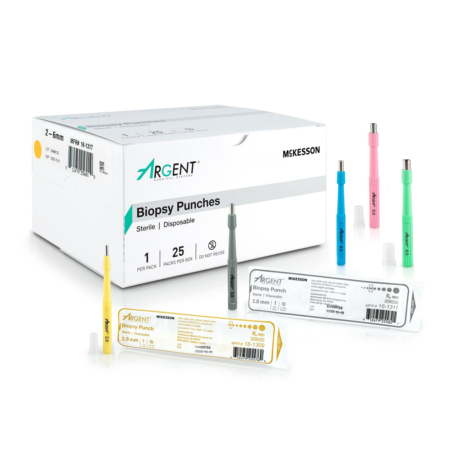 Biopsy Punch McKesson Argent™ Dermal Five 2 mm, Five 3 mm, Five 4 mm, Five 5 mm, and Five 6 mm