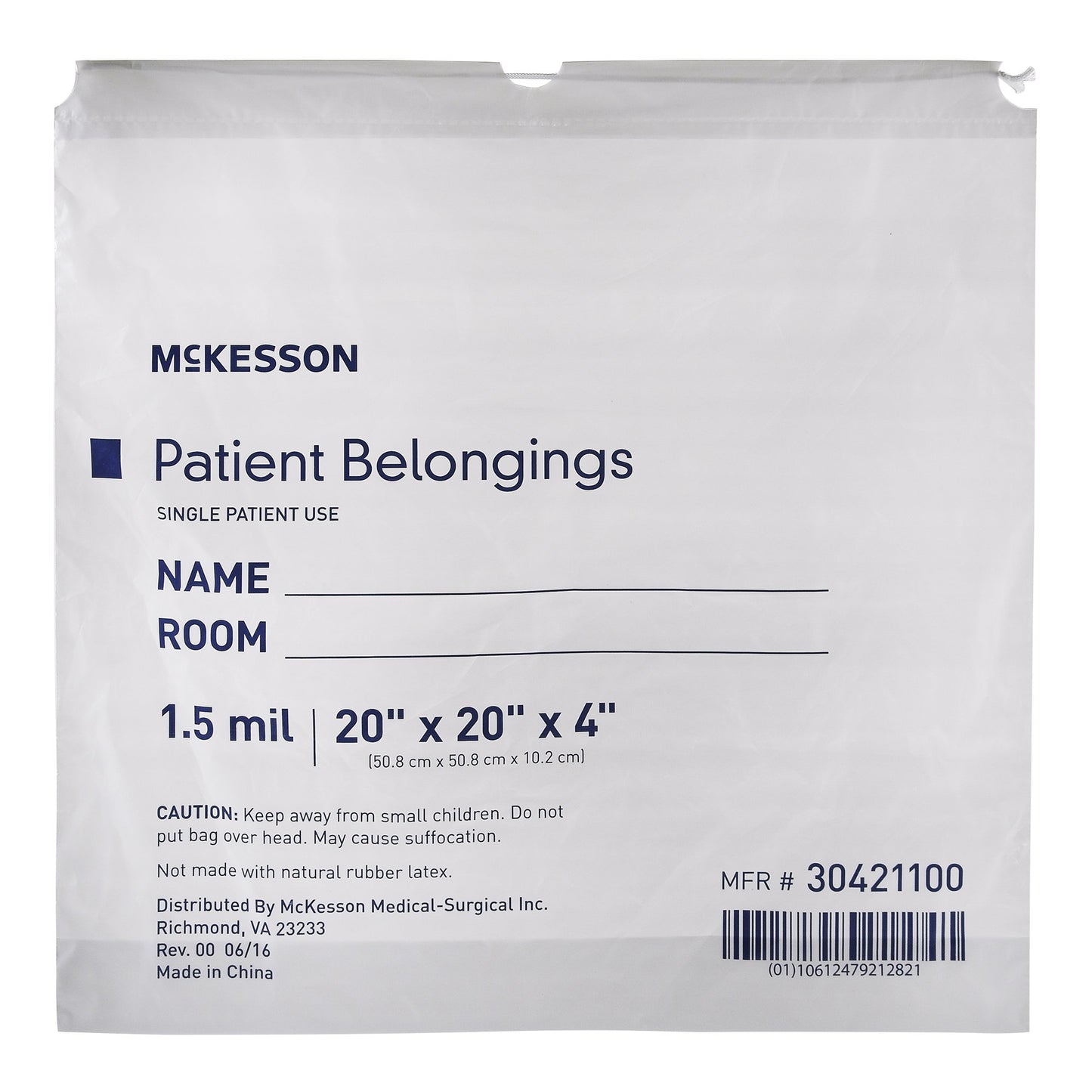Patient Belongings Bag McKesson 4 X 20 X 20 Inch Polyethylene Drawstring Closure White