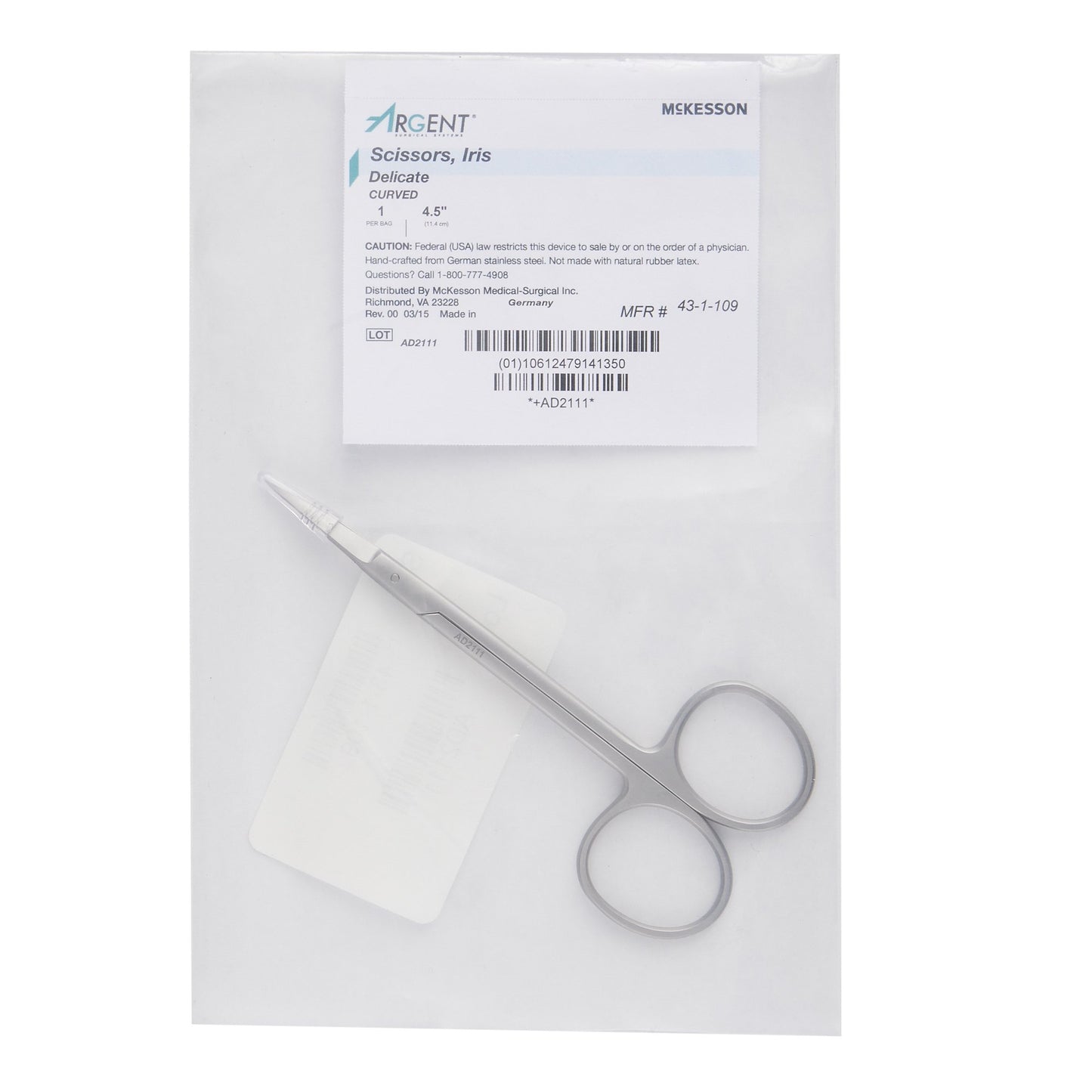 Iris Scissors McKesson Argent™ 4-1/2 Inch Length OR / Surgical Grade Stainless Steel Finger Ring Handle Curved Sharp Tip / Sharp Tip
