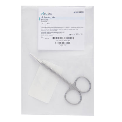 Iris Scissors McKesson Argent™ 4-1/2 Inch Length OR / Surgical Grade Stainless Steel Finger Ring Handle Curved Sharp Tip / Sharp Tip