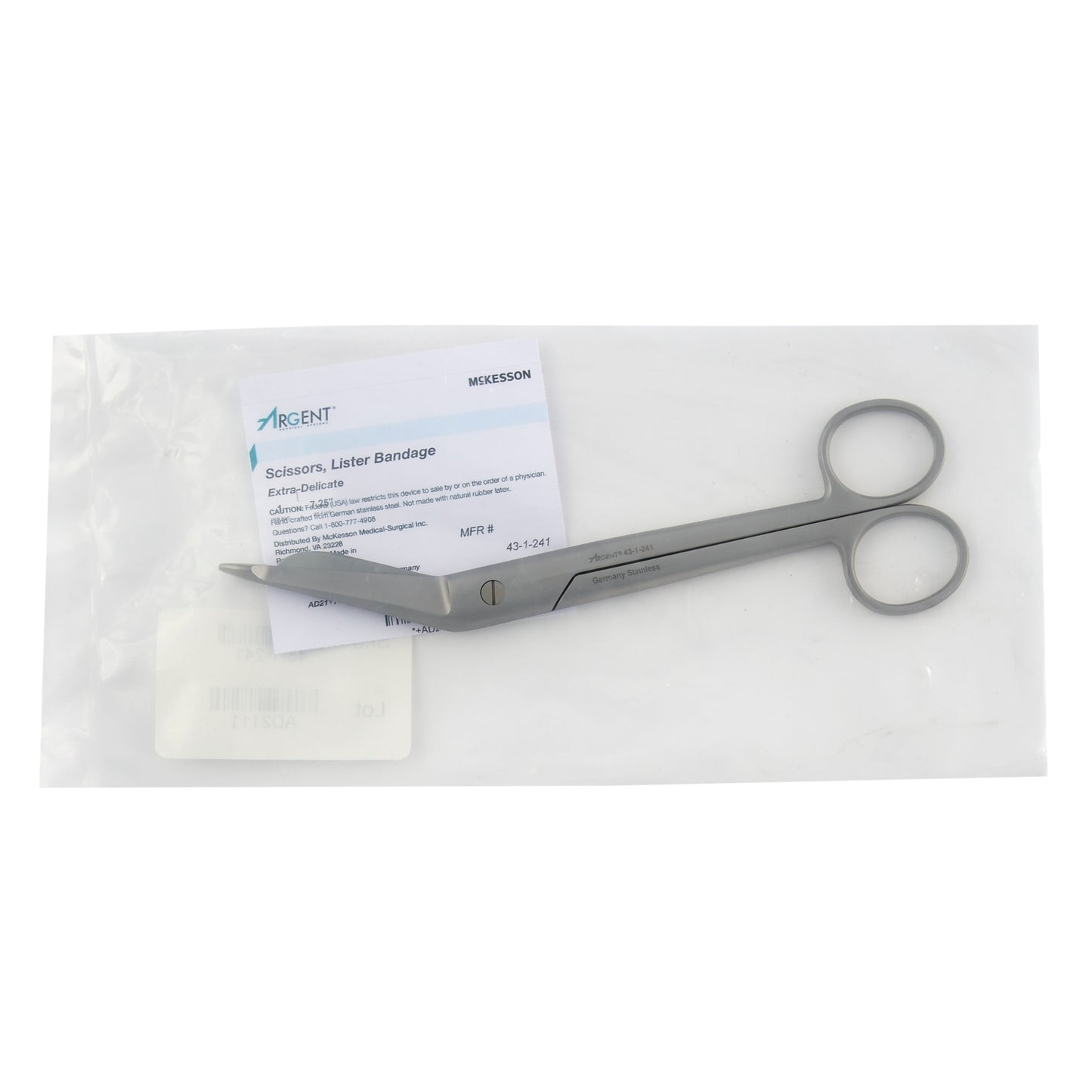 Bandage Scissors McKesson Argent™ Lister 7-1/4 Inch Length Surgical Grade Stainless Steel NonSterile Finger Ring Handle Angled Blunt Tip / Blunt Tip