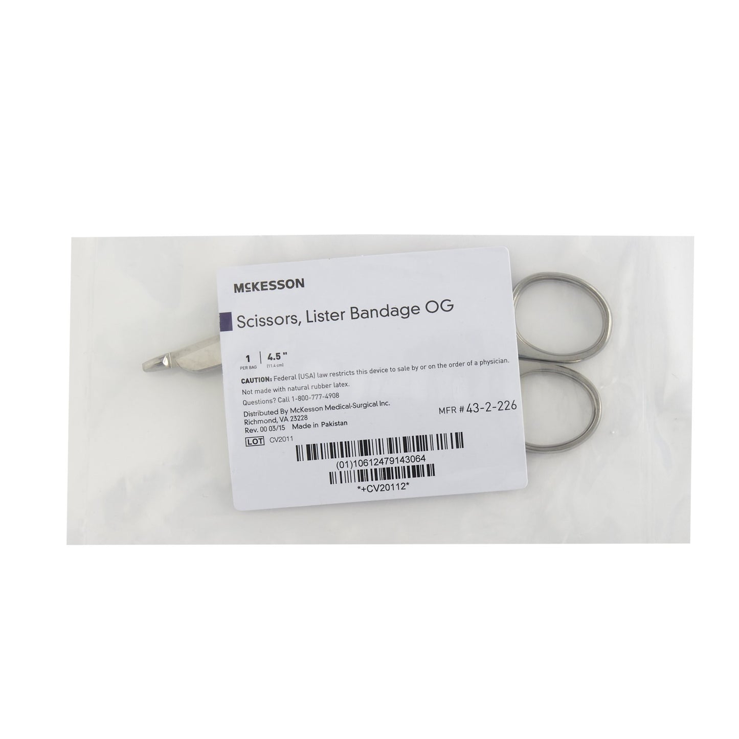 Bandage Scissors McKesson Lister 4-1/2 Inch Length Office Grade Stainless Steel NonSterile Finger Ring Handle Angled Blunt Tip / Blunt Tip
