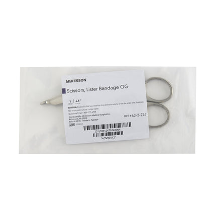 Bandage Scissors McKesson Lister 4-1/2 Inch Length Office Grade Stainless Steel NonSterile Finger Ring Handle Angled Blunt Tip / Blunt Tip
