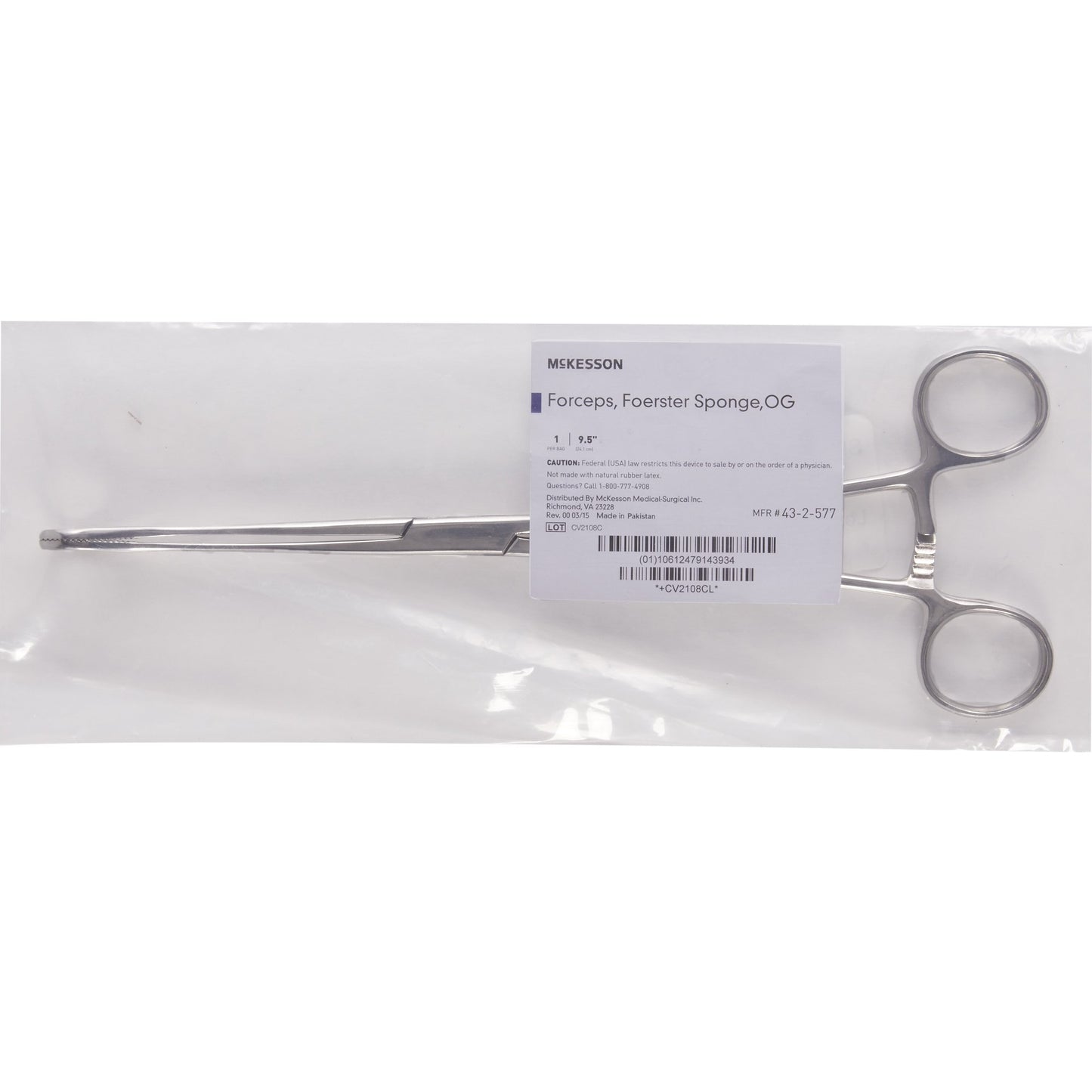 Sponge Forceps McKesson Foerster 9-1/2 Inch Length Floor / Office Grade Pakistani Stainless Steel NonSterile Locking Finger Ring Handle Straight Fenestrated Serrated Oval Tips