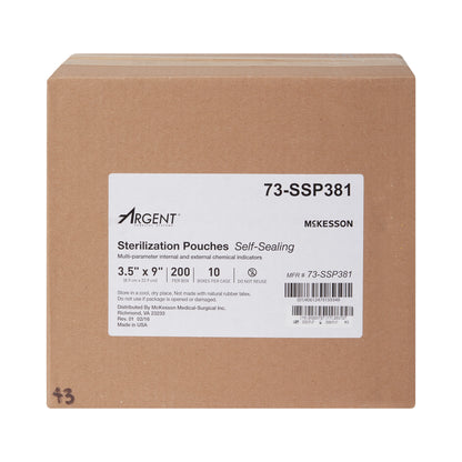 Sterilization Pouch McKesson Argent™ Sure-Check® Ethylene Oxide (EO) Gas / Steam 3-1/2 X 9 Inch Transparent / Blue Self Seal Paper / Film