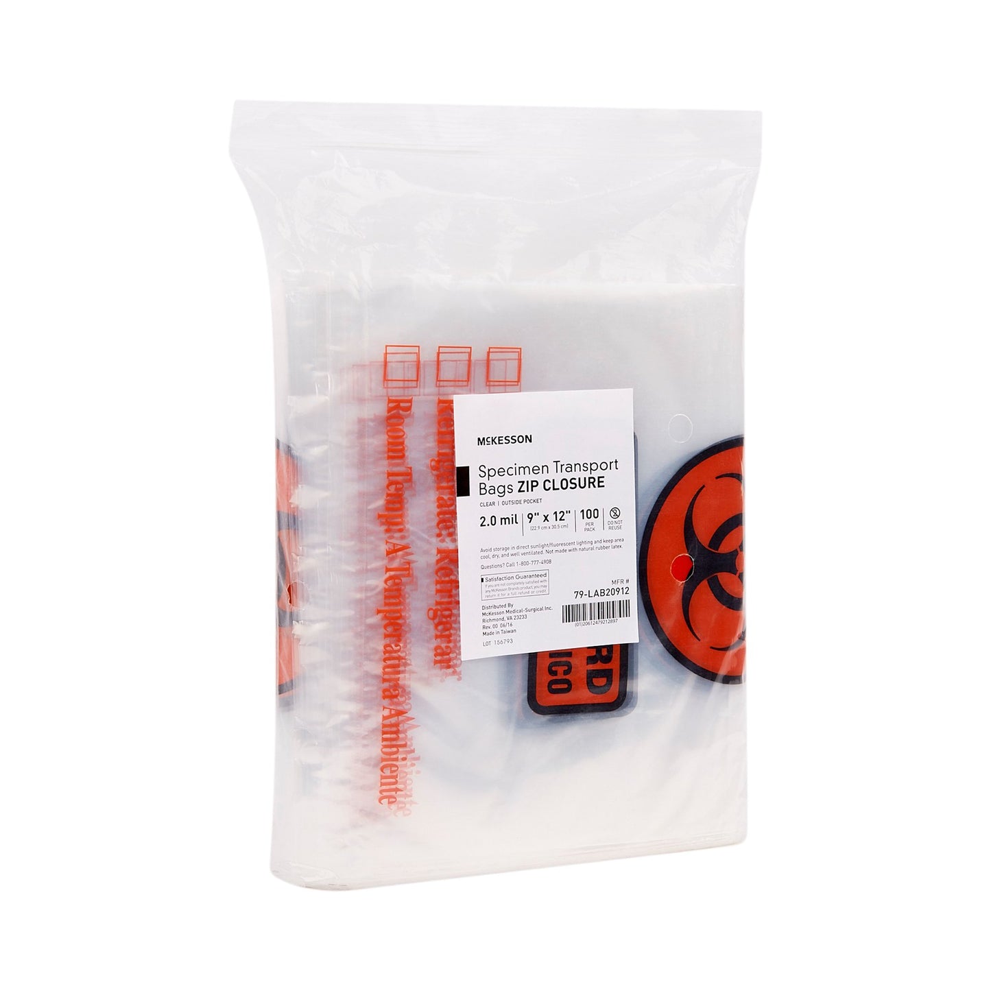 Specimen Transport Bag with Document Pouch McKesson 9 X 12 Inch Zip Closure Biohazard Symbol / Storage Instructions NonSterile