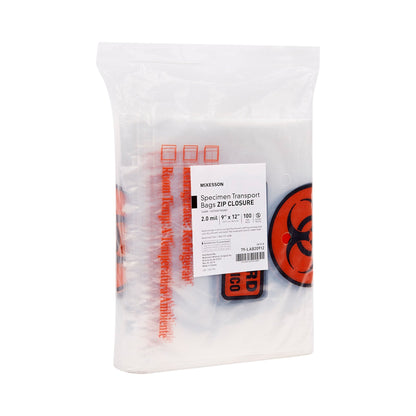 Specimen Transport Bag with Document Pouch McKesson 9 X 12 Inch Zip Closure Biohazard Symbol / Storage Instructions NonSterile