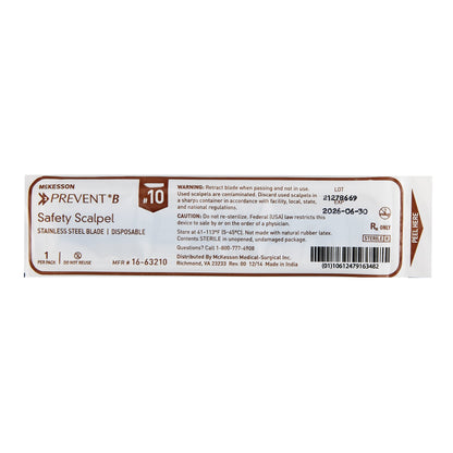Safety Scalpel McKesson Prevent® B No. 10 Stainless Steel / Plastic Sensory Grip Handle Sterile Disposable