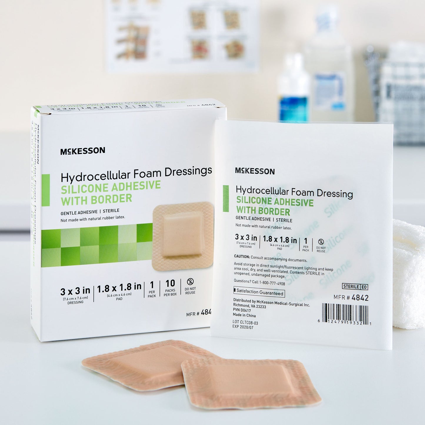 Foam Dressing McKesson 3 X 3 Inch With Border Film Backing Silicone Gel Adhesive Square Sterile