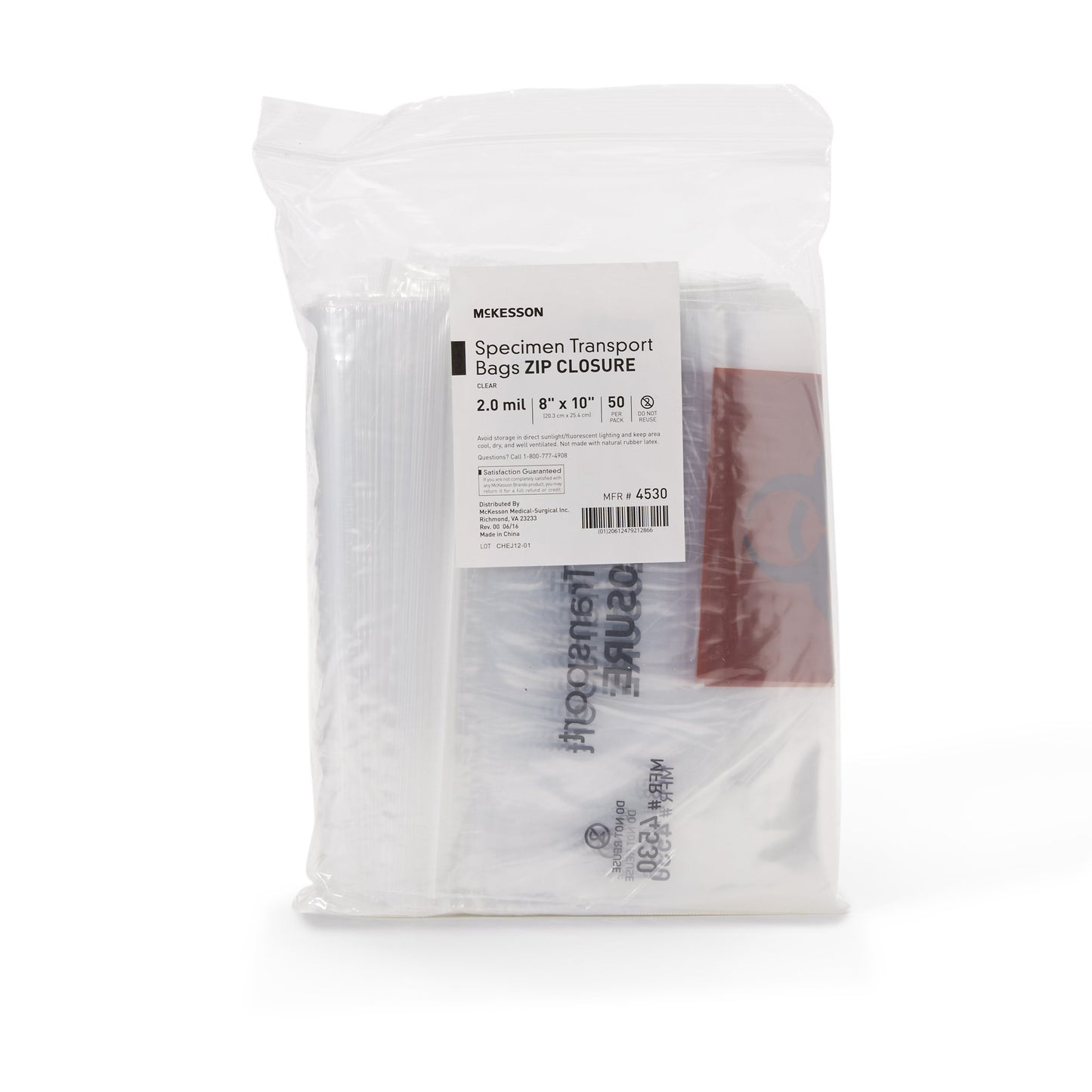 Specimen Transport Bag McKesson 8 X 10 Inch Zip Closure Biohazard Symbol / Storage Instructions NonSterile
