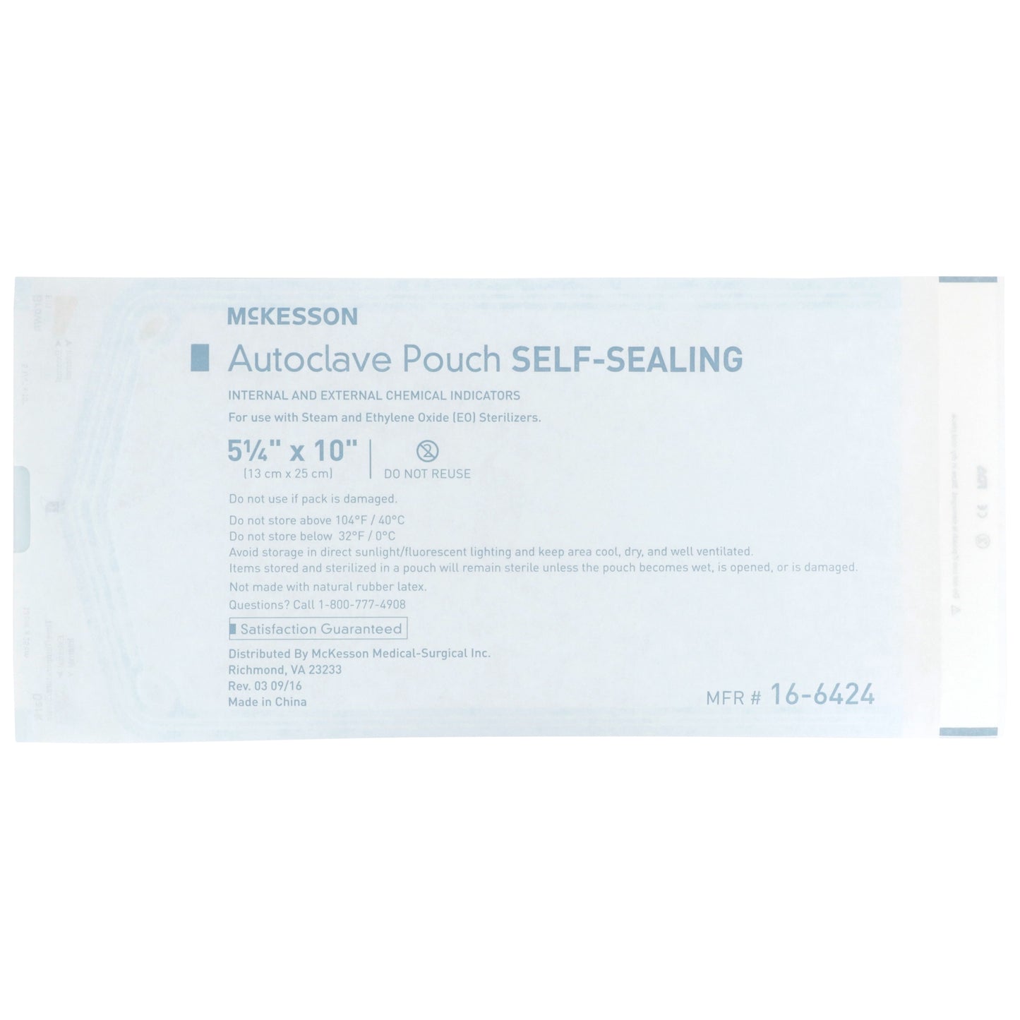 Sterilization Pouch McKesson Ethylene Oxide (EO) Gas / Steam 5-1/4 X 10 Inch Transparent Blue / White Self Seal Paper / Film