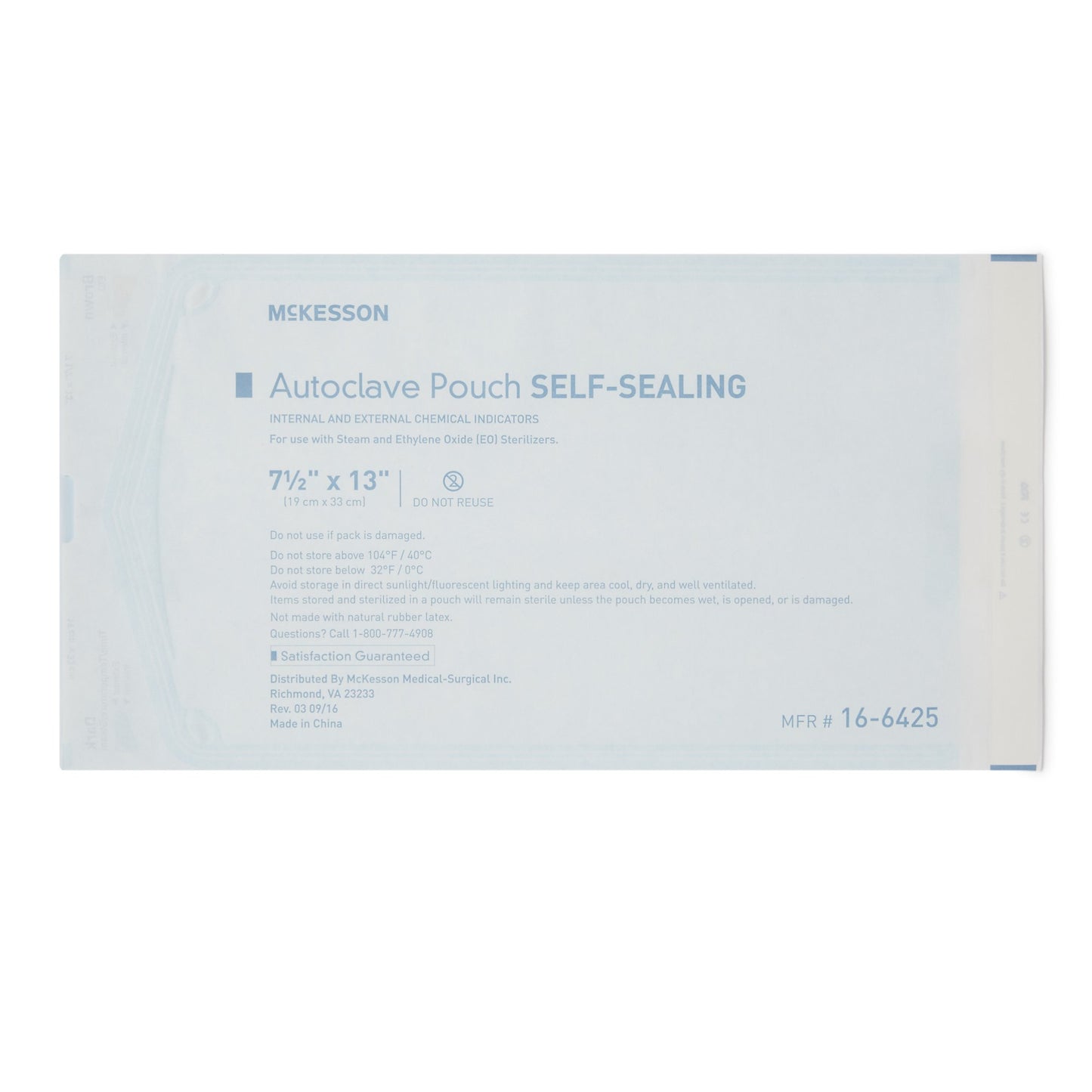 Sterilization Pouch McKesson Ethylene Oxide (EO) Gas / Steam 7-1/2 X 13 Inch Transparent Blue / White Self Seal Paper / Film