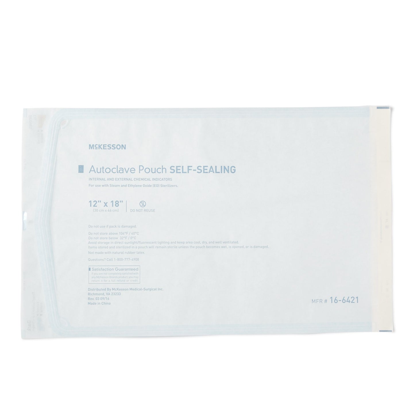 Sterilization Pouch McKesson Ethylene Oxide (EO) Gas / Steam 12 X 18 Inch Transparent Blue / White Self Seal Paper / Film