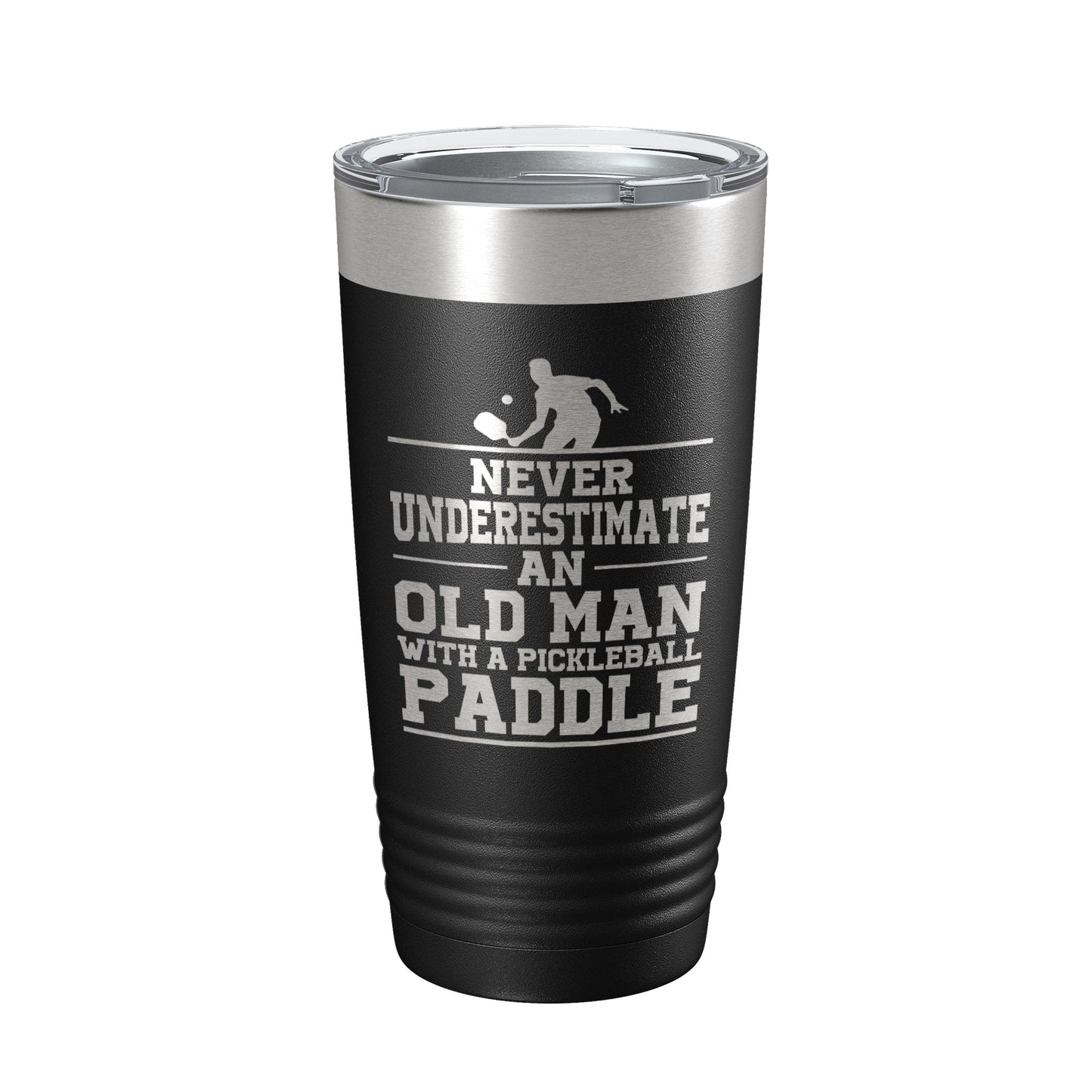 Funny Pickleball Tumbler Never Underestimate An Old Man With A Pickle Ball Paddle Travel Mug Insulated Laser Engraved Coffee Cup Gift 20 oz-0