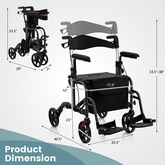 Folding Rollator Walker with Seat and Wheels Supports up to 300 lbs-Red