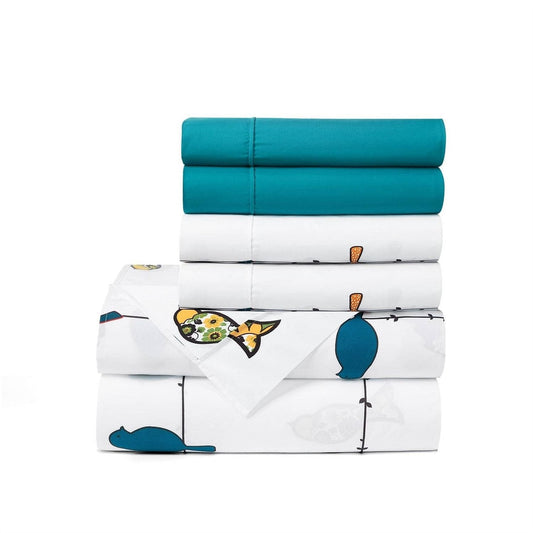 Queen Teal Yellow White Floral Birds on Wire Soft Polyester 6 Piece Sheet Set-0