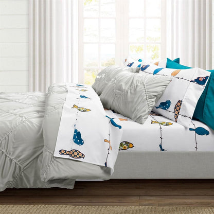 Queen Teal Yellow White Floral Birds on Wire Soft Polyester 6 Piece Sheet Set-1