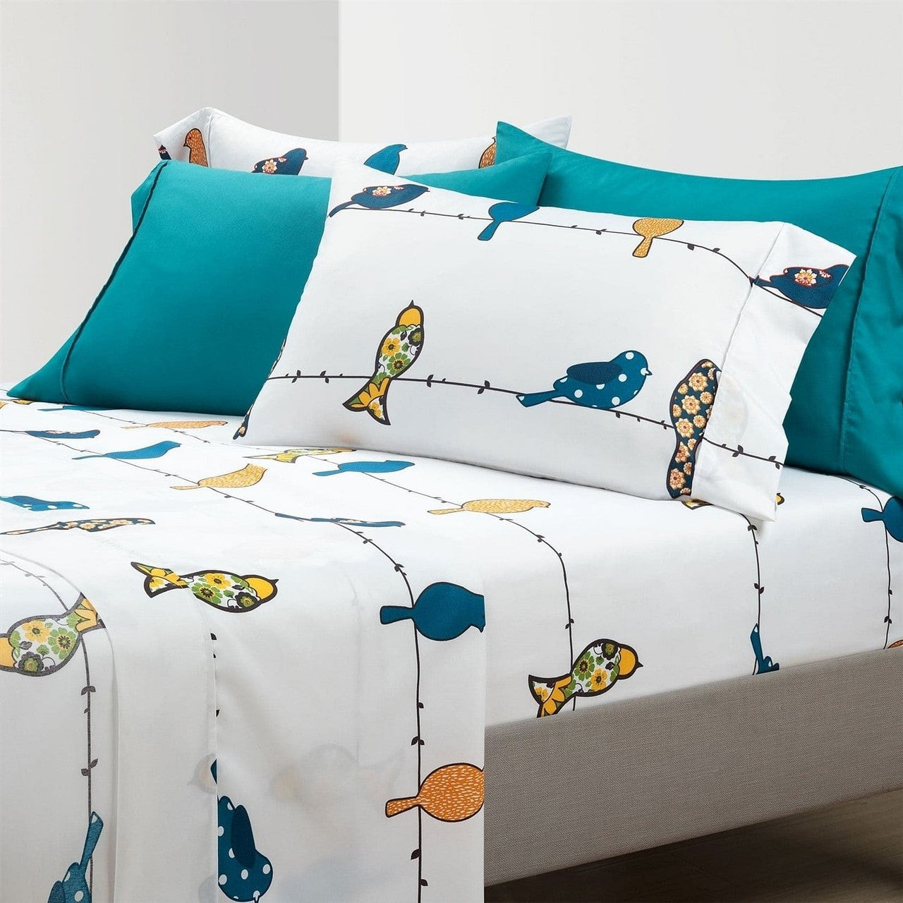 Queen Teal Yellow White Floral Birds on Wire Soft Polyester 6 Piece Sheet Set-2