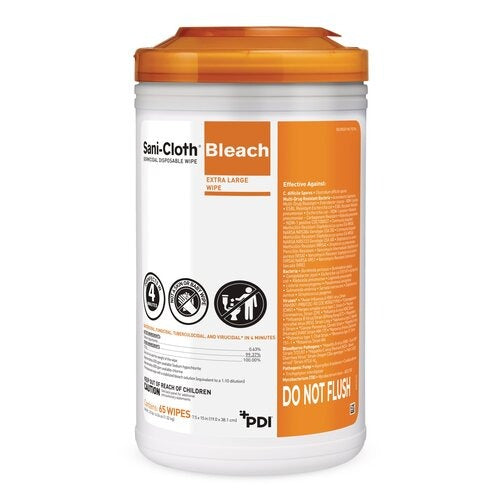 PDI Sani-Cloth® Bleach Surface Disinfectant Cleaner, Premoistened, Germicidal, Manual Pull, Wipe 65 Count, Canister, Chlorine Scent, NonSterile
