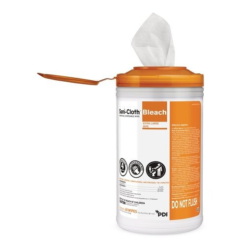 PDI Sani-Cloth® Bleach Surface Disinfectant Cleaner, Premoistened, Germicidal, Manual Pull, Wipe 65 Count, Canister, Chlorine Scent, NonSterile