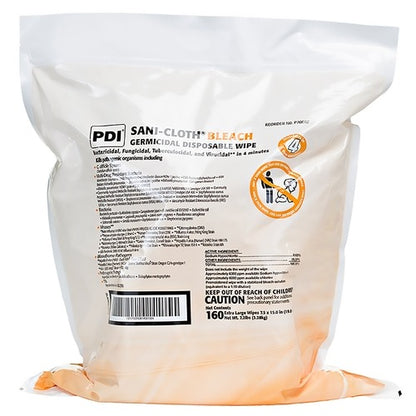 PDI Sani-Cloth Bleach Surface Disinfectant Cleaner Refill Premoistened Germicidal Wipe 160 Count Bag Disposable Chlorine Scent NonSterile, 160/PK, 2 EA/CS