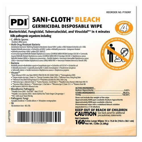 PDI Sani-Cloth Bleach Surface Disinfectant Cleaner Refill Premoistened Germicidal Wipe 160 Count Bag Disposable Chlorine Scent NonSterile, 160/PK, 2 EA/CS
