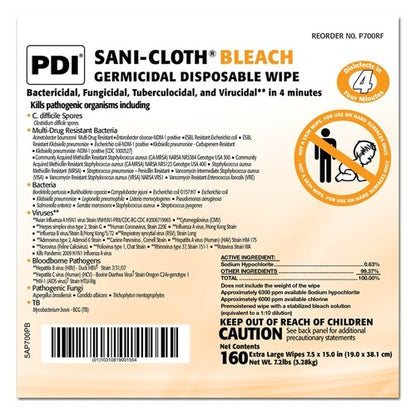 PDI Sani-Cloth Bleach Surface Disinfectant Cleaner Refill Premoistened Germicidal Wipe 160 Count Bag Disposable Chlorine Scent NonSterile, 160/PK, 2 EA/CS
