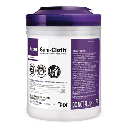 PDI Sani-Cloth® Super Surface Disinfectant Cleaner, Premoistened Germicidal, Manual Pull, Wipe, 160 Count Canister, Alcohol Scent, NonSterile, 12 Canisters/Case