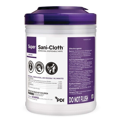 PDI Sani-Cloth® Super Surface Disinfectant Cleaner, Premoistened Germicidal, Manual Pull, Wipe, 160 Count Canister, Alcohol Scent, NonSterile, 12 Canisters/Case