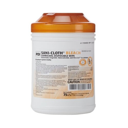 PDI Sani-Cloth® Bleach Germicidal Disposable Wipes, Large Canister (75 Wipes), 12/CS