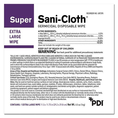 PDI Surface Disinfectant Super Sani-Cloth Wipe Packet, 50/BX, 150 EA/CS