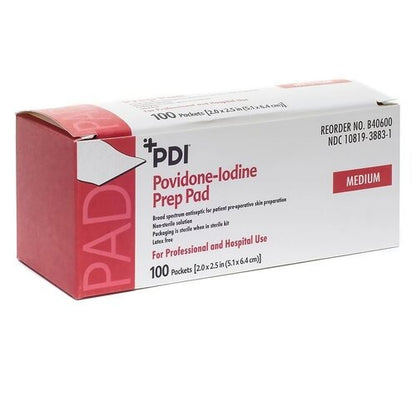 PDI PVP Prep Pad Povidone Iodine, 10% Individual Packet 1-3/16" x 2-5/8", 100EA/BX, 1000 EA/CS