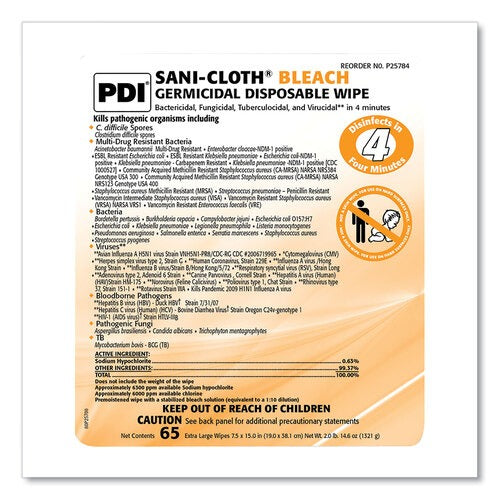 Sani Professional Sani-Cloth Bleach Germicidal Disposable Wipes, 1-Ply, 7.5 x 15, Unscented, White, 65/Pack