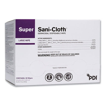 Sani Professional Super Sani-Cloth Individually Wrapped Germicidal Disposable Wipes, Large, 1-Ply, 5 x 8, Unscented, White, 50/Pack