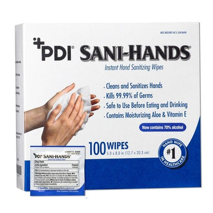 PDI Sani-Hands® Hand Sanitizing Wipes, 100 Count, Ethyl Alcohol, Wipe, Individual Packet, 100/BX, 1000/CS