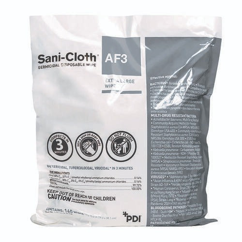 Sani Professional AF3 Germicidal Disposable Wipes, 1-Ply, 7.5 x 15, Unscented, White, 160 Wipes/Zip Seal Bag