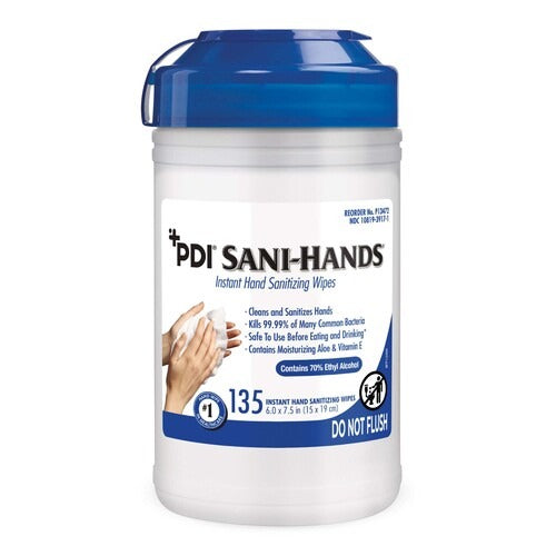 PDI Antimicrobial Alcohol Gel Hand Wipes Sani-Hands® ALC 6 X 7 1/2 Inch Unscented Canister, 135EA/CN 12CN/CS