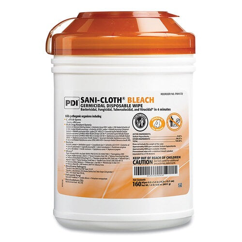 PDI Sani-Cloth Bleach Germicidal Disposable Wipes, 1-Ply, 7.5 x 15, Unscented, White, 160/Canister, 12 Canisters/Carton