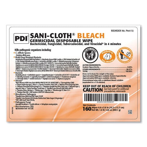 PDI Sani-Cloth Bleach Germicidal Disposable Wipes, 1-Ply, 7.5 x 15, Unscented, White, 160/Canister, 12 Canisters/Carton