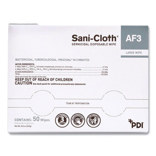 PDI Sani-Cloth AF3 Germicidal Disposable Wipes, Large, 1-Ply, 8" x 5", Unscented, White, 50/Pack, 10 Packs/Carton