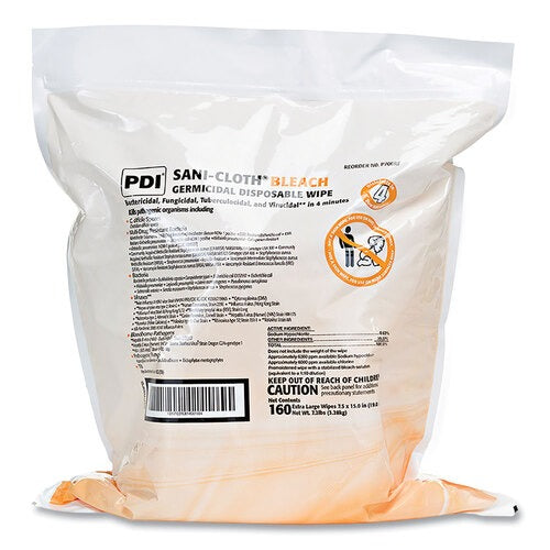 PDI Sani-Cloth Bleach Germicidal Disposable Wipe Refill, 1-Ply, 7.5 x 15, Unscented, White, 160/Bag, 2 Bags/Carton
